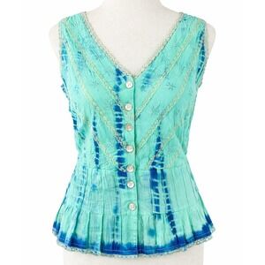 Boho Tie Dye Lace Peplum Top Green Blue Cotton Y2K Chaudry KC NWT L Tank Crop
